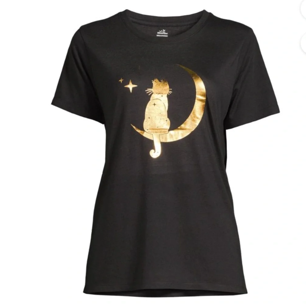 Halloween Womens Black Meow Moon Cat Short Sleeve Tee Shirt - Picture 5 of 11